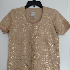Chico's 1 metallic gold print short sleeve top sz M